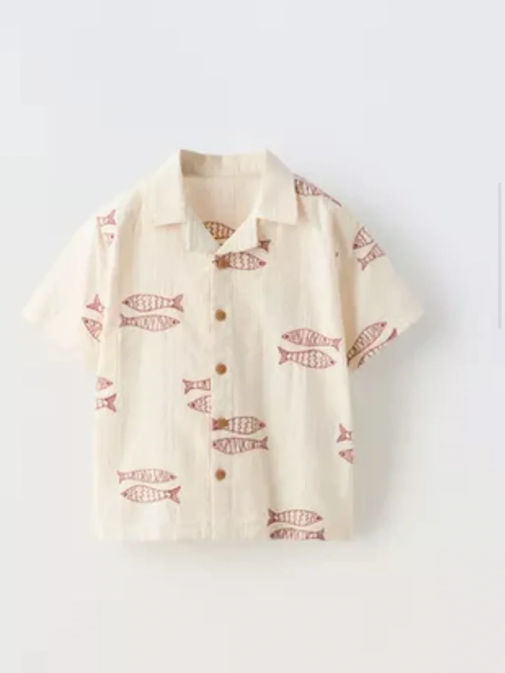 ZARA Kids Cream Short-Sleeve Button-Up Shirt with Red Fish Print